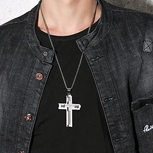 Vista 6 de Collar con colgante de cruz de Jesucristo grande de acero inoxidable 316L, joyería religiosa para hombres, cadena Rolo de 24 pulgadas
