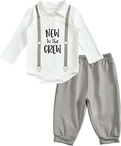 Vista 2 de Conjunto de ropa de manga larga con cierre a presión para bebé con texto en inglés I'm New Here, conjunto de ropa para otoño e invierno