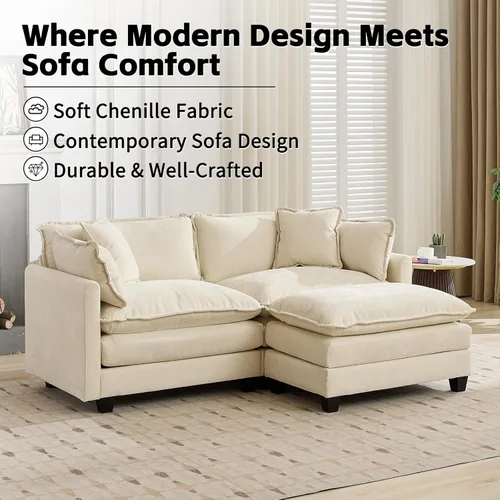 Vista 6 de Sofá seccional modular, sofá seccional en forma de L de 76.7 pulgadas con otomana móvil, cómodo loveseat de chenilla nube con reposabrazos