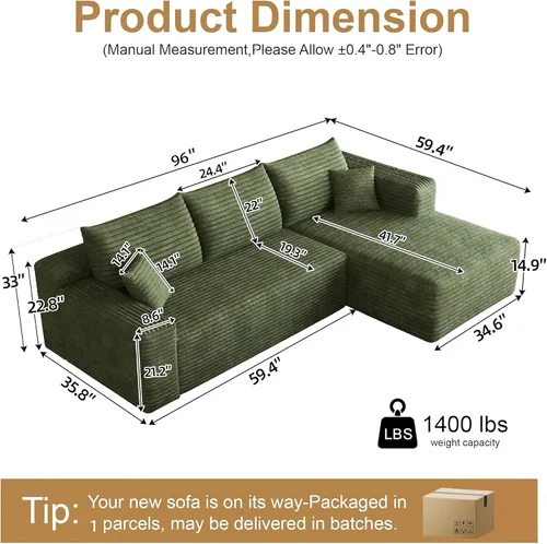 Vista 2 de AUGOP Sofá modular moderno de 96 pulgadas para sala de estar, sofá modular con sofás en forma de L, sofá tapizado sin hueso, asiento profundo, sofá