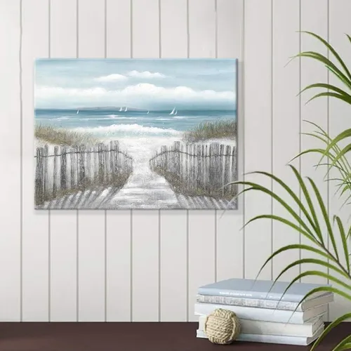 Vista 2 de Lienzo decorativo para pared, camino de playa: camino de arena con pintura de valla a la costa, impresiones artísticas para baño