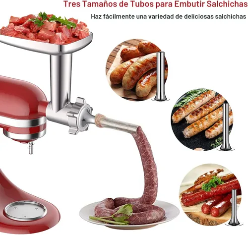 Vista 3 de Accesorios para molinillo de carne y triturador de rodajas para mezclador de pie KitchenAid, molinillo de carne con tubos para embutir salchichas