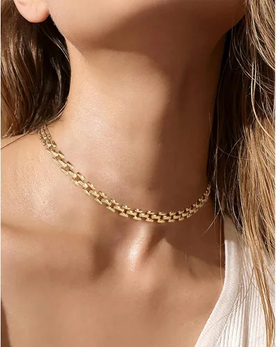 Vista 4 de CLASSYZINT Gargantilla gruesa dorada grande y ancha de cadena corta para mujeres y niñas