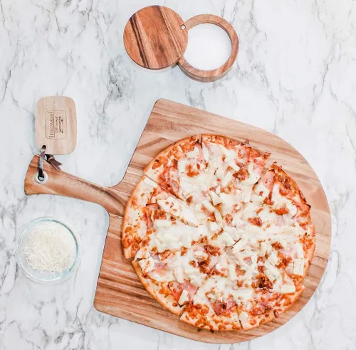 Vista 12 de Tabla Gourmet de madera de acacia de piel para pizza, Pala para pizza