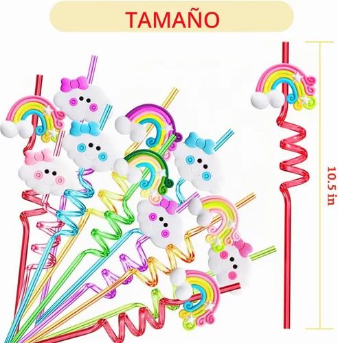 Vista 3 de Suministros para fiesta de cumpleaños de arco iris, pajitas de plástico para beber, 24 para niños y niñas, decoraciones de fiesta de nube arcoíris