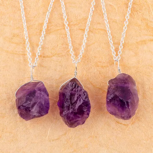 Vista 3 de Collar de amatista cruda, collar chapado en plata, cristal de piedras preciosas ásperas, piedra curativa, piedra natal de febrero, capas, novia