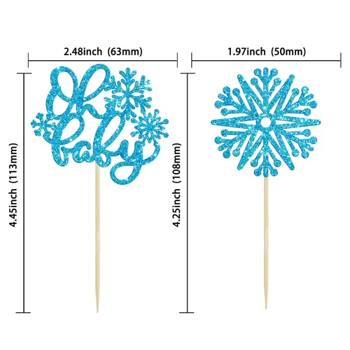 Vista 2 de Gyufise 24 adornos de copos de nieve Oh Baby para cupcakes con purpurina azul, decoración de pastel de baby shower congelado para baby shower