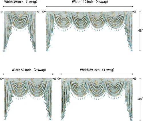 Vista 5 de Cenefa de cascada de damasco jacquard, aguamarina, 39 pulgadas de ancho, 1 panel Damask Waterfall Valance, Rod Pocket with Tassels Valance, For
