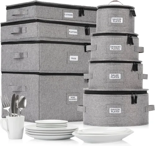Vista 22 de Juego de 4 cajas de almacenamiento de porcelana para vajilla – Carcasa rígida y apilable – Tamaños: 12 – 10 – 8.5 pulgadas y 7 pulgadas de ancho