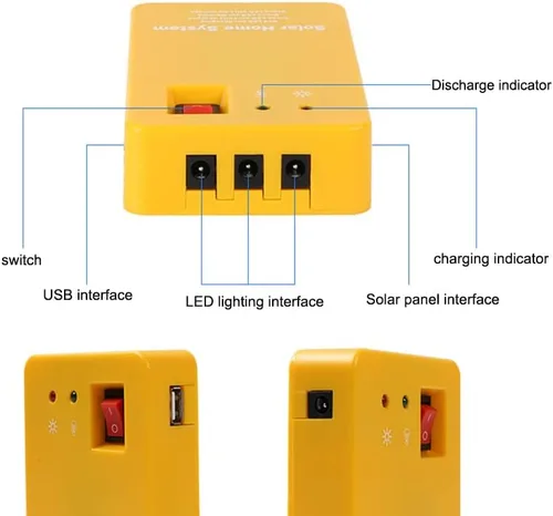 Vista 3 de Kit de luz de emergencia de panel solar de 3 W, generador solar, 4 cabezales, cable de cargador USB con 2 bombillas LED para acampar al aire libre