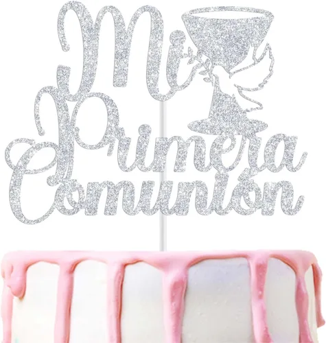 Vista 8 de Mi Primera - Decoración para tartas de comunión, decoración de pastel de la primera comunión española, suministros de decoración de fiesta de Dorado