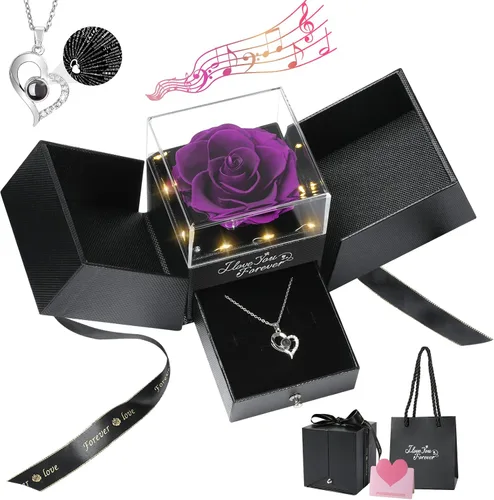 Vista 15 de Emibele - Regalos de rosa preservada para mujer, caja de rosa eterna con collar de corazón, regalos románticos con mensaje "te amo" para mujeres