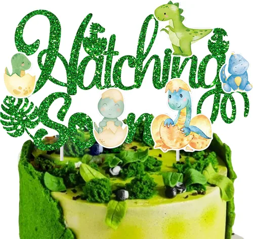 Vista 6 de Decoración para pastel de dinosaurio para eclosionar, decoración de dinosaurio para baby shower, temática de dinosaurio con purpurina verde