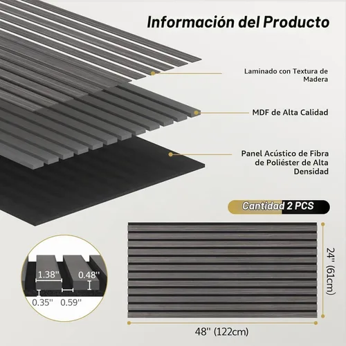 Vista 2 de TONOR 2 paneles de listones de madera, paneles acústicos adhesivos de 48 x 24 pulgadas para pared, paneles decorativos 3D estriados para absorción
