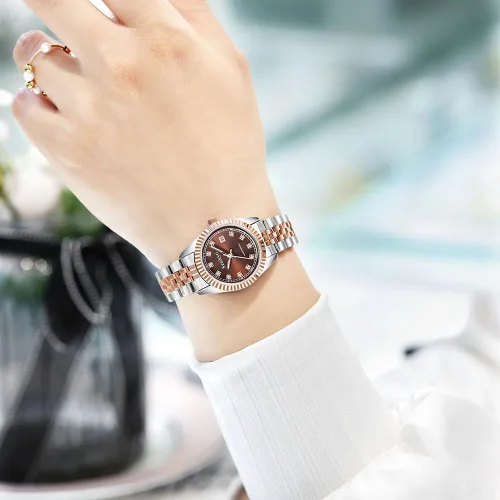 Vista 2 de Reloj clásico para mujer con banda de acero inoxidable sólido, reloj de vestir para mujer, reloj con calendario