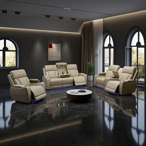 Vista 15 de Sofá Seccional Reclinable Eléctrico de Cuero Blanco Crema, Mueble Sala Cine en Casa con Iluminación LED, Consola Almacenamiento, Portavasos y Carga
