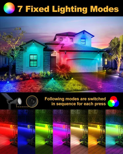 Vista 2 de Focos solares para exteriores, cambio de color, 7 modos/14 luces LED solares para exteriores, impermeables, RGB multicolor, luces solares