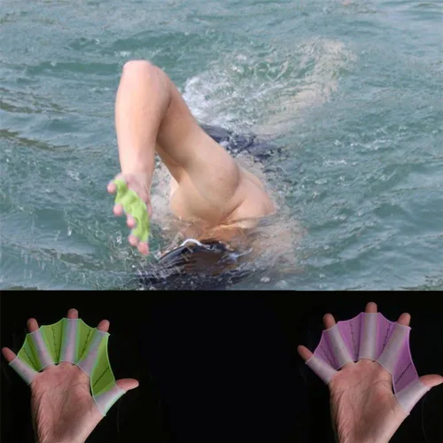 Vista 4 de Polytree Aletas de silicona para equipo de natación, aletas de malla a mano, guante de entrenamiento (verde, L)