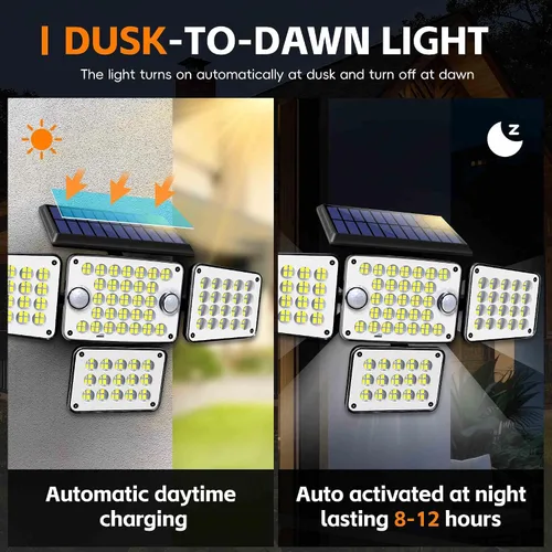 Vista 3 de Luces solares para exteriores 336 LED, luz de pared de seguridad con sensor de movimiento con control remoto, diseño ajustable de 4 cabezales