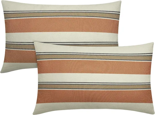 Vista 9 de Juego de 2 fundas de almohada a rayas negras y marrones de 16 x 16 pulgadas, diseño de rayas bohemias con estampado de rayas color crema, fundas