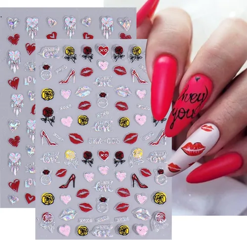 Vista 3 de 8 hojas de calcomanías de arte de uñas para el día de San Valentín, autoadhesivas, 3D, color plateado, rosa, rojo, labios, letras de corazón, diseño