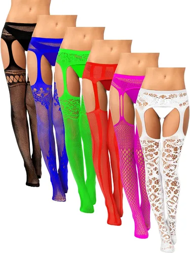 Vista 25 de Skylety 6 pares de medias de red para mujer, medias altas hasta el muslo, medias con tirantes para mujeres y niñas