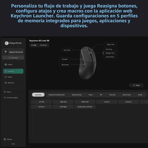 Vista 7 de Keychron M3 Mini 8K Ratón inalámbrico Bluetooth 5.3/2.4 GHz/Ratón óptico con cable, ultraligero de 55g programable con sensor PixArt 3950 hasta