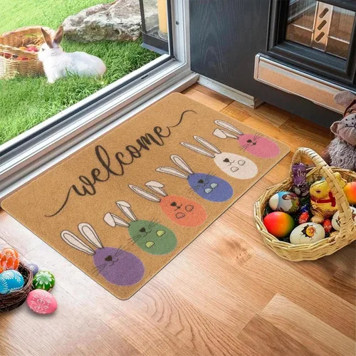 Vista 5 de XuoAz Felpudo decorativo de Pascua para puerta de entrada al aire libre, conejito de Pascua, antideslizante, fibra de coco para la decoración