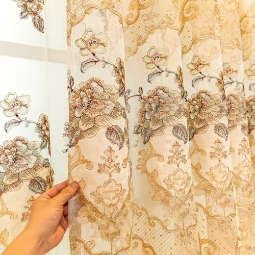 Vista 8 de ELKCA Cortina de Chenille Bordada Beige de Estilo Europeo para Sala de Estar, Elegantes Cortinas Florales de Chenille para Dormitorio, Parte