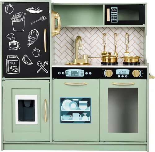 Vista 10 de Best Choice Products - Juego de cocina de madera para niños, juego de cocina con fregadero, horno, microondas, refrigerador, máquina de hielo y Negro
