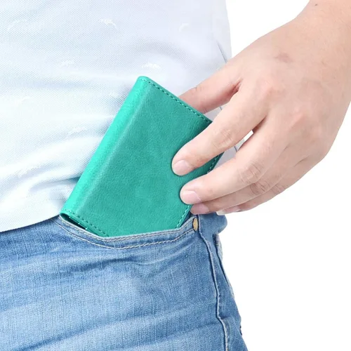 Vista 7 de XEYOU Funda para tarjetas de crédito, tarjetero para tarjetas de crédito, pequeña cartera de bolsillo frontal para mujer, Verde, Moderno