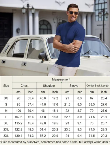 Vista 6 de COOFANDY Suéter de cuello alto falso para hombre, de manga corta, color sólido, básico, ajustado, de punto