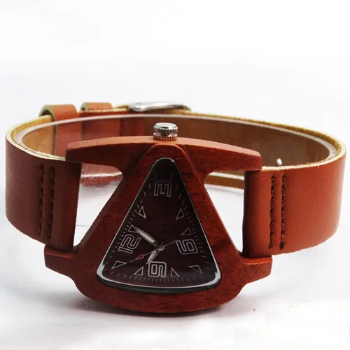 Vista 4 de Relojes de madera triangulares, color rojo, con correa de cuero, reloj de pulsera de cuarzo para mujer