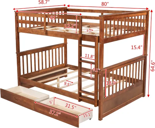 Vista 2 de Harper & Bright Designs Litera de tamaño matrimonial sobre matrimonial con cajones, litera de tamaño matrimonial, base de cama de madera maciza