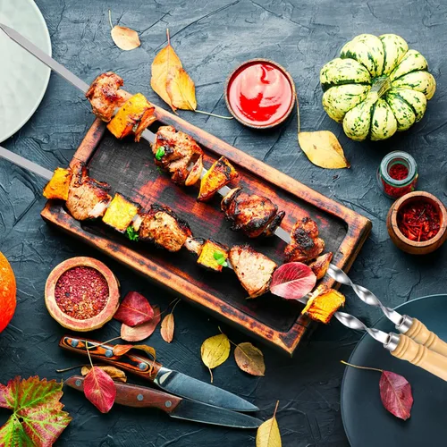 Vista 5 de Pinchos de barbacoa de acero inoxidable con mango de madera para carne, camarones, pollo, verduras