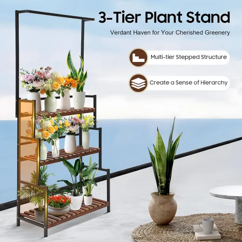 Vista 2 de Soporte para plantas colgantes de 3 niveles, estantes de exhibición de macetas de metal, soporte para flores, estante de exhibición abierto