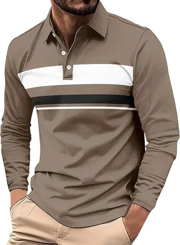 Vista 17 de Polo para hombre, manga larga, ajustado, a rayas, con cuello, talla grande, para golf y otoño