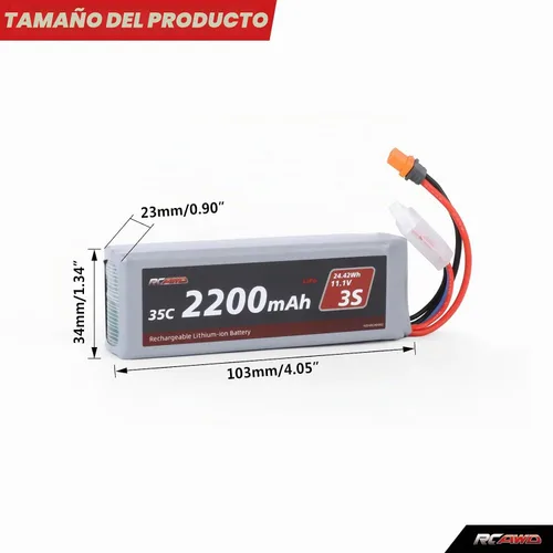 Vista 8 de RCAWD 11.1V Lipo Batería 3S 35C 2200mAh con JST IC2 para Arrma Grom Typhon