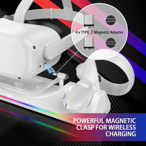 Vista 5 de WIOR Base de carga compatible con accesorios Oculus Quest 2, soporte de carga para auriculares VR, estación de carga magnética para Meta Quest 2