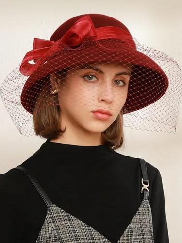 Vista 7 de Sombreros de iglesia negros con velo Sombrero vintage Cloche de lana de fieltro de invierno de ala ancha Fedora Sombreros