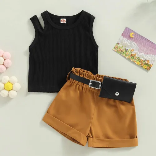 Vista 20 de Adobabirl Conjunto de ropa de verano para niña pequeña, sin mangas, acanalada, top halter y pantalones cortos, ropa de moda para niños con cinturón