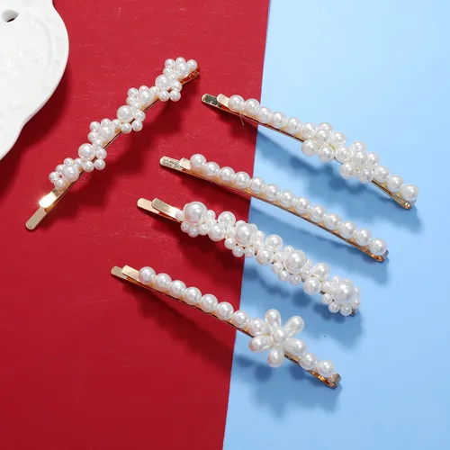 Vista 4 de Accesorios para el cabello para mujer, 18 piezas hechas a mano con pasadores de perlas de simulación, juego de clip geométrico de flores