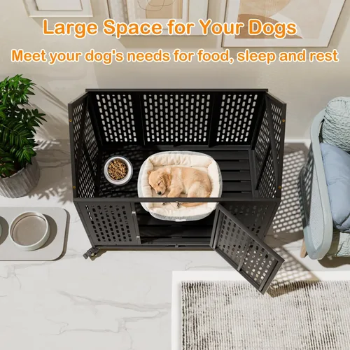 Vista 4 de Jaula para perros resistente de 44 pulgadas con 4 ruedas, perrera indestructible a prueba de escapes con cerraduras de refuerzo y puerta doble
