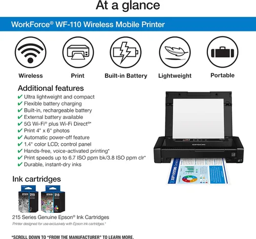 Vista 2 de Epson Workforce WF-110 Impresora móvil inalámbrica a color, blanca, pequeña, negra