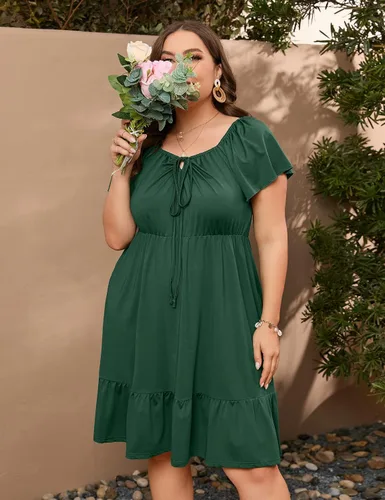 Vista 3 de ShopWonder Vestidos hawaianos de talla grande para mujer, vestido de cuello cuadrado, manga corta, casual, acampanado, vestido de verano