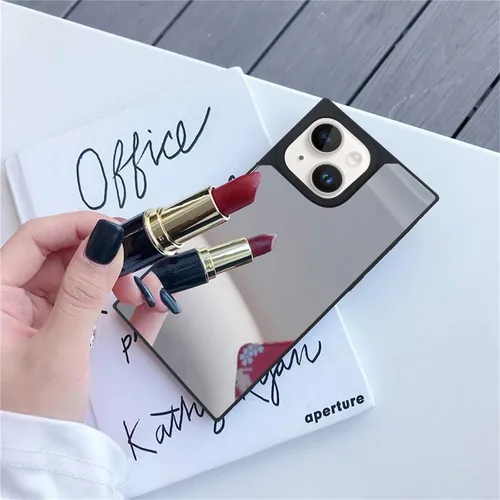 Vista 3 de LUVI Funda rectangular compatible con iPhone 14 para mujer, maquillaje, bonito diseño de espejo de cristal brillante de lujo con parachoques