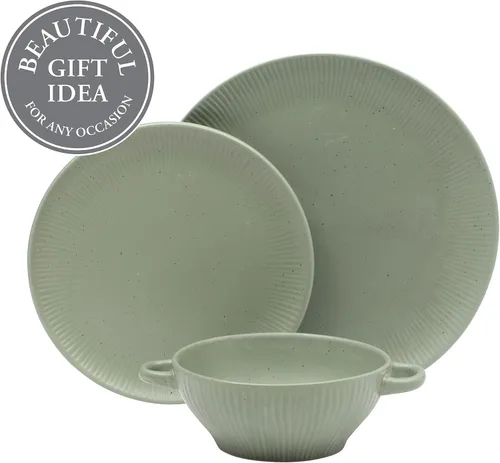 Vista 4 de Gibson Elite Clover Hill - Juego de vajilla de cerámica de 12 piezas, varios colores en verde salvia, carbón, gris pardo y crema, platos y cuencos