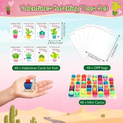 Vista 2 de Capoda 48 juegos/96 piezas de juguetes para el día de San Valentín con tarjetas para el aula, regalos de intercambio de San Valentín, cactus