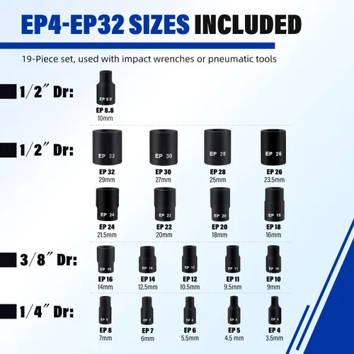 Vista 2 de AKM Juego de llaves Torx Plus externas de 19 piezas, 6 puntos EP Socket EP4-32 con 1/2 pulgadas 3/8 pulgadas 1/4 pulgadas Dr. EP8.8 compatible
