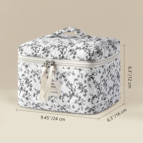 Vista 5 de HBselect Bolsa de Maquillaje Acolchada, Bolsa de Maquillaje Grande de Algodón para Viaje, Lindas Bolsas de Maquillaje con Flores Coquette, Bolsas